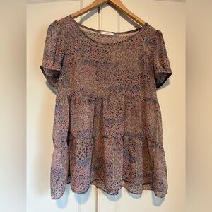 Maitai Floral Sheer Short Sleeve Tiered Blouse